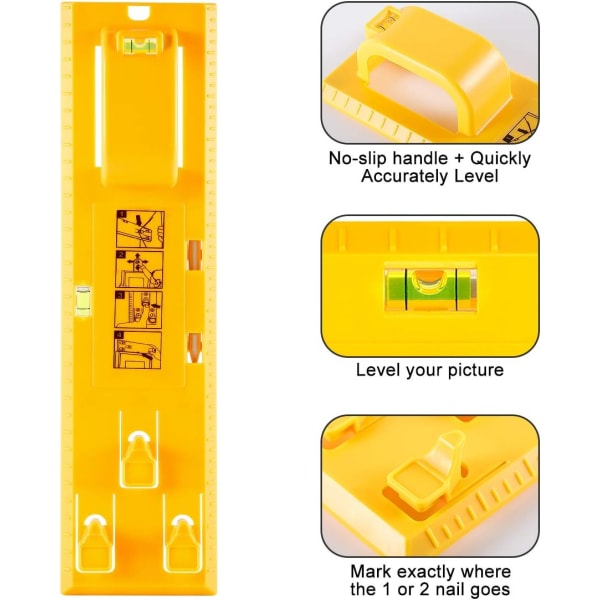 Bildeopphengingsverktøy med vater - Enkelt rammebildeopphengingssett for vegg (Gult opphengingsverktøy)