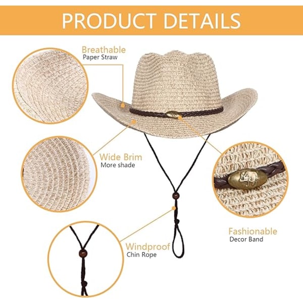 Lännen cowboy-hattu (köydellä) naisille ja miehille, taitettava kesäaurinkovarjo olkihattu leveälierinen hattu, beige