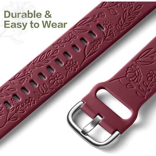 Auringonkukkakaiverrettu ranneke, yhteensopiva Samsung Galaxy Watch 7 6 5 4 40mm 44mm naisten kanssa, 20mm pehmeä silikoniranneke Galaxy Watch_xx -kelloon Wine Red