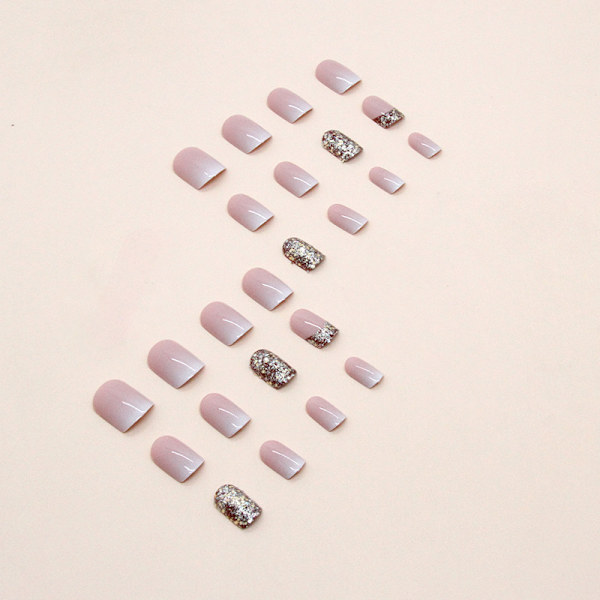 24 stk. Tryk på negle korte firkantede franske spids falske negle pink gradient med sølv glitter design akryl fuld dækning lim på falske negle