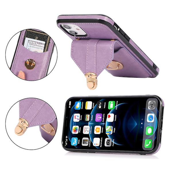 iPhone 12-etui til kvinder med pung, kortlomme og crossbody-rem i PU-læder, anti-ridse cover, rød purple