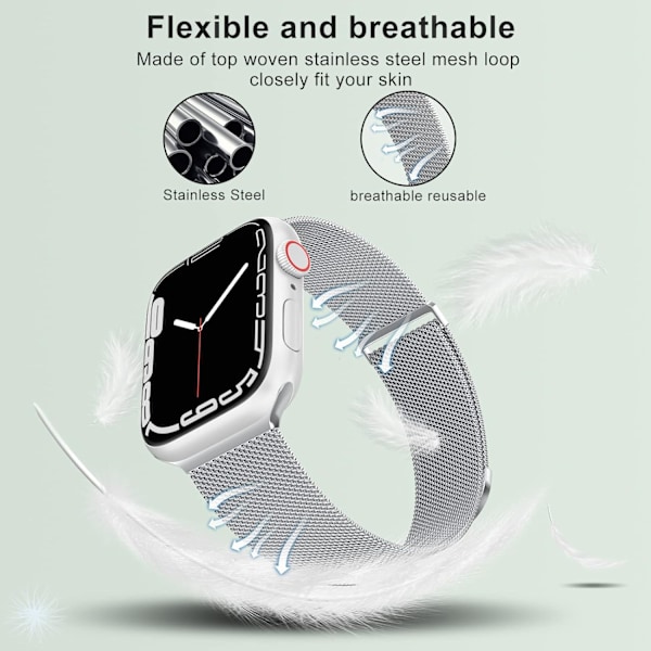 Marge Plus Apple Watch Rem til Kvinder og Mænd, Rustfrit Stål Mesh Loop Magnetisk Spænde Udskiftning til iWatch Remme (41mm/40mm/38mm, Sølv).