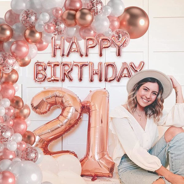 Födelsedagsdekorationer för kvinnor flickor roséguld ballongbåge girlang HAPPY BIRTHDAY banderoll 16:e 18:e 21:a 30:e 40:e 50:e