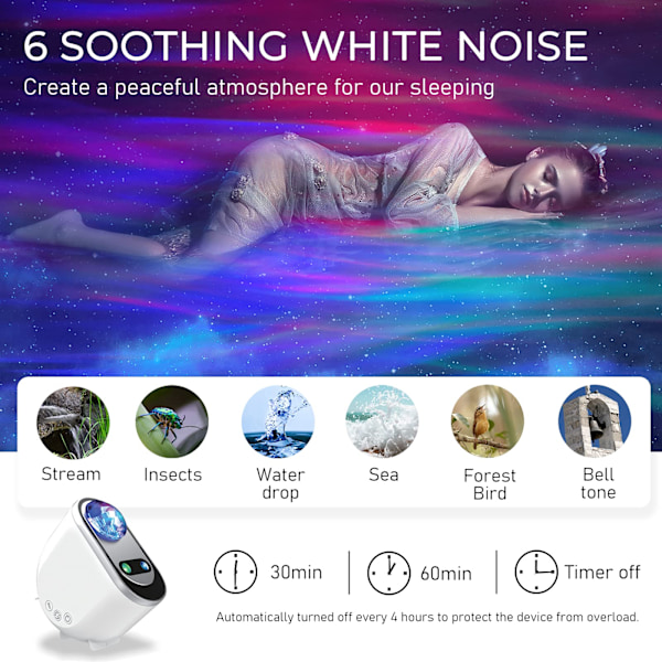 Galaxy Aurora Projektor - LED-stjärnprojektor med vitt brus och Bluetooth-högtalare - Perfekt julklapp och rumsdekoration