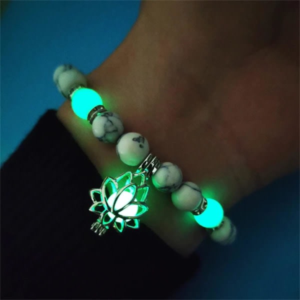 Armband för ångest och stress, Glow in the Dark Lotus Yoga Healing Stone Armband, Luminous Glow in the Dark Moon Lotus Flower Charm Armband(K)