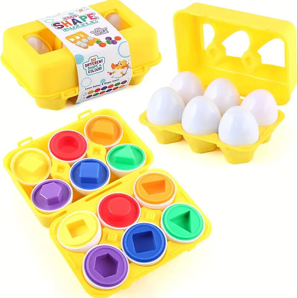 Farge- og formmatching egg, pedagogisk påskeeggsett leketøy med blå eggeholder