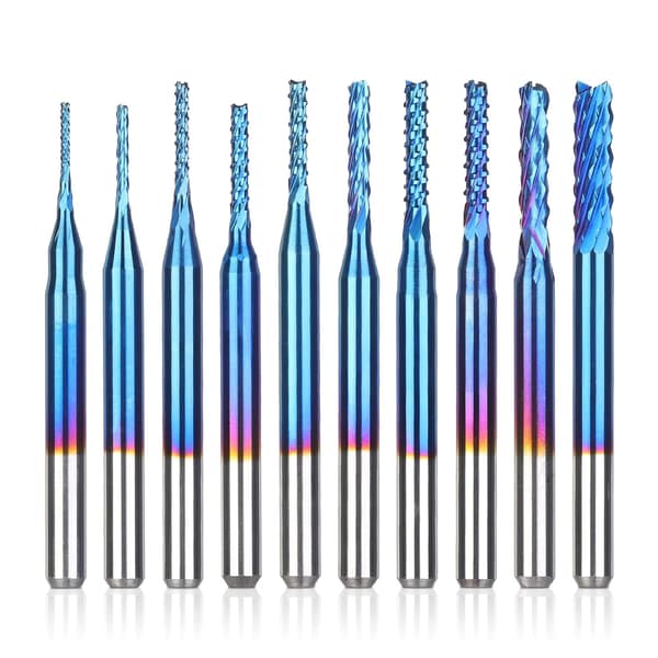 10 st Nano Blåbelagda CNC Fräsbitar 0,8-3mm 1/8 tums skaft