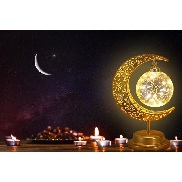 Ramadan Pöytälamppu Moon Star Lamppu Mubarak Metal Ramadan Lights Kuun lamppu Paristokäyttöinen round ball