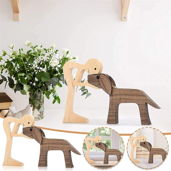 Familiehvalpe træudskæringspynt, naturligt massivt træ kæledyrshund Familiehåndværk skulptur, håndskårne figurer, kreative gaver (mand og hund)