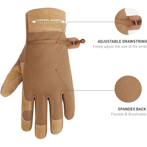 Havearbejdshandsker til kvinder - Fleksible & Holdbare, Åndbare Utility Arbejdshandsker, Robust Læder Havehandsker (Small, khaki)