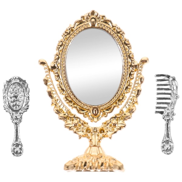 Sæt Mini House Mirrors Dukkehus Miniatures Børn Foregive Make-up spejle Dekoration（4X2.5X1.5，Gyldent）