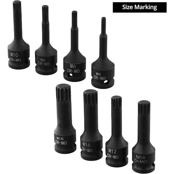 8 stk. Spline Bit Socket Sett M5 - M18 1/2-tommers driv Chrome Vanadium Stål Multi Tooth Socket Sett