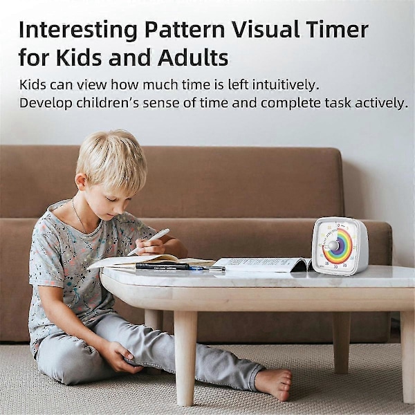 60 Minuters Visuell Timer med Nattlampa, Nedräkningstimer, Regnbågsmönster Pomodoro Timer för Barn White