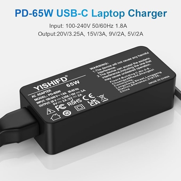 65W USB C Power bærbar lader for Lenovo ThinkPad Huawei