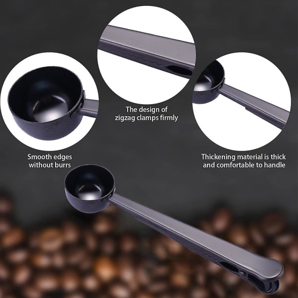 Kaffeskopa med klämma, 2 i 1 rostfritt stål 1 msk mald mätsked med påsklämma för kaffete (svart)