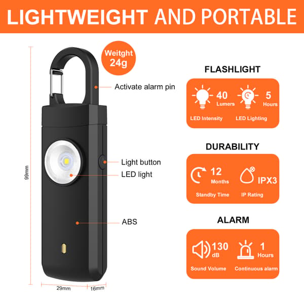 Personlig alarm for kvinner oppladbar sikkerhetssirene med LED-lys USB-lading nøkkelring for eldre barn studenter
