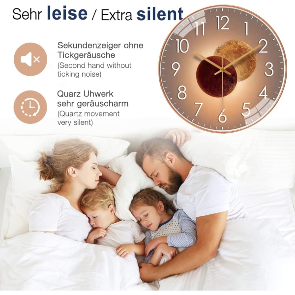 30cm Modern Quartz Silent Wall Clock No Ticking Noise Kitchen Clock(Gold)