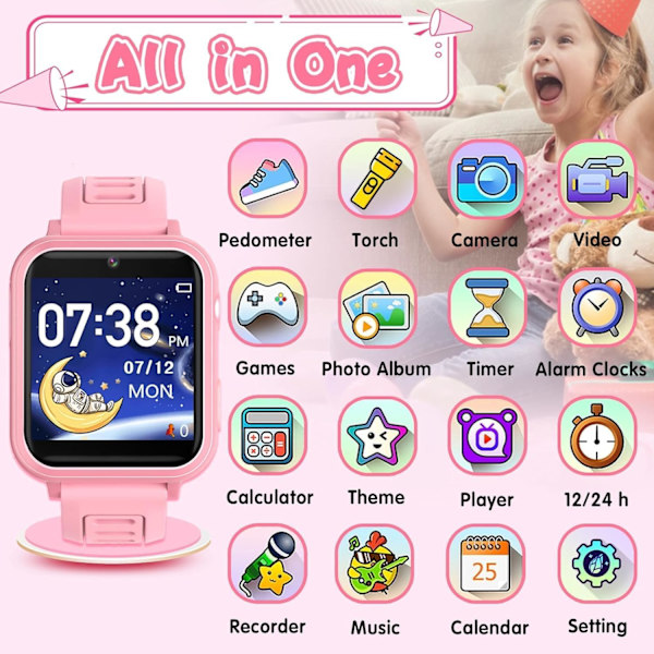 (Pink) Smartwatch til børn i alderen 4-12 år, med 24 spil, musik og kamera