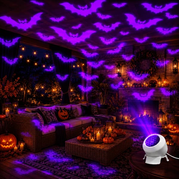 Dynamisk fladdermusprojektorlampa USB-driven 360 roterbar projicerar lila fladdermusväggmönster för sovrum vardagsrum skräckfester Halloween-dekor Bat