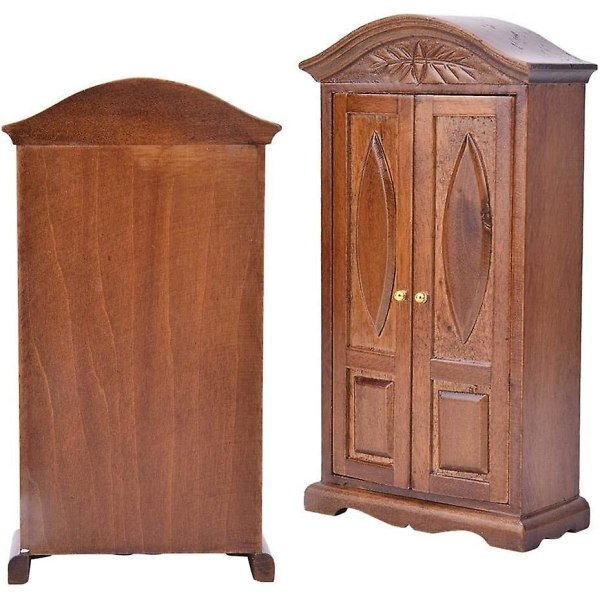 2024, Mini Vintage trædobbeltdør 1:12 skala Mini dukkehusmøbler Garderobeskab Garderobetilbehør til dukkehus (brun)