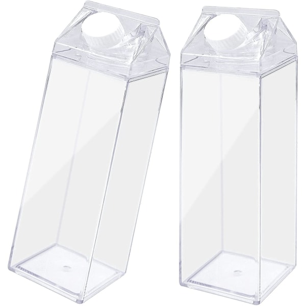 2-pack klar mjölkkartong vattenflaska Återanvändbar fyrkantig mjölkflaska för mjölkdryck juice (500 ml)