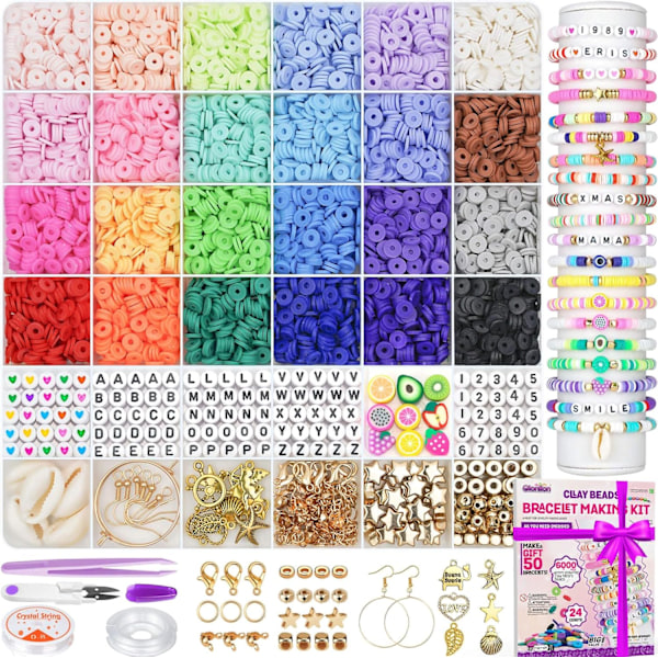 6000 Lera Pärlor Armband Gör-Det-Själv-Set, 24 Färger Platta Pärlor, Polymerlera Pärlor med Berlocker för Smyckestillverkning, Hantverkspresenter för Flickor 6-12 År