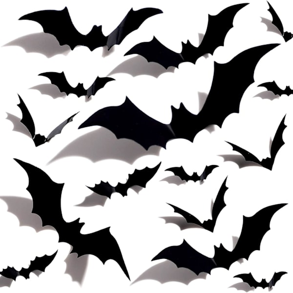 3D flaggermus Halloween-dekorasjoner 12 stk 4 forskjellige størrelser vanntett PVC skumle svart avtakbar flaggermus DIY dekorasjonssett