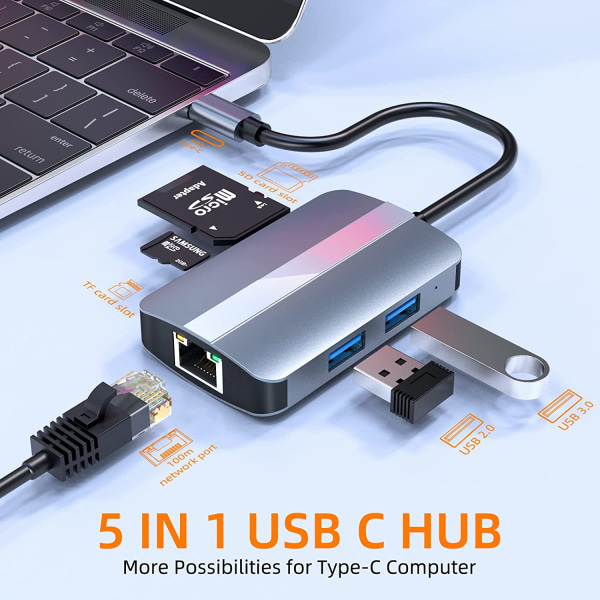 USB C HUB 5 i 1, multiport USB C-adapter med USB 3.0, RJ45