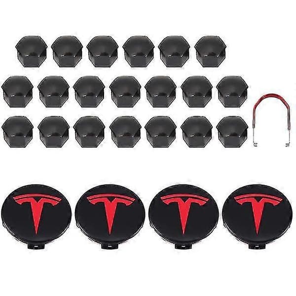 Tesla 3 Y S X Hjulkapselsett Senterkopp Nav Mutterdeksel Rød Grå Med 4 Senterkopper 20 Mutterdeks Black Red Bright
