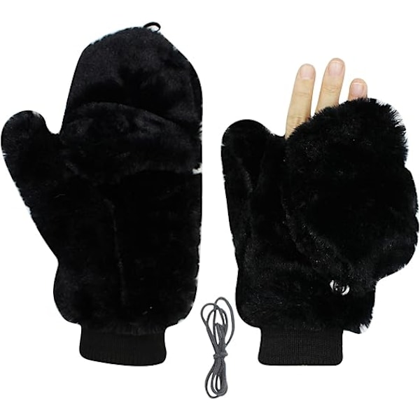 Vinterluffer til kvinder - Bløde, fluffy handsker med vindtæt fleece og varm lufferdækning til piger Black