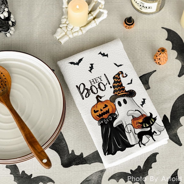 Spökpumpor, fladdermöss, katt, hej boo Halloween kökshanddukar, 18x26 tum säsongsdekoration handdukar set om 2