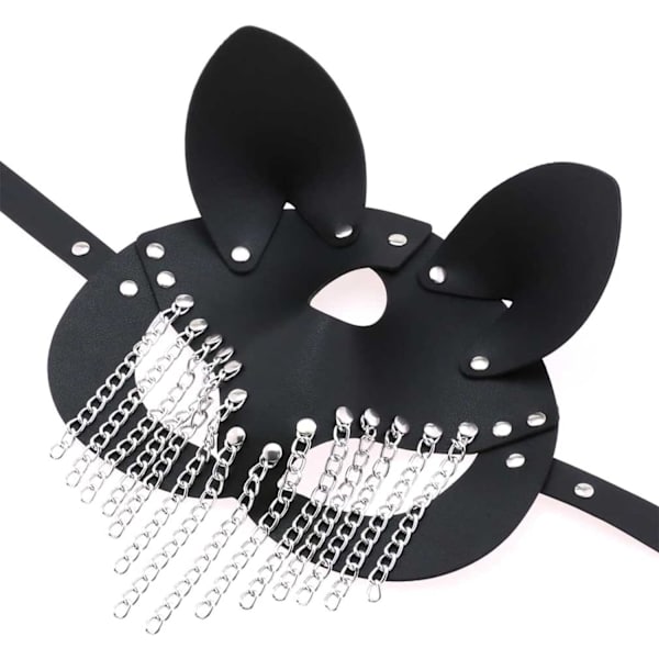 Moonlove PU læder katte maske med kæde kvaster til kvinder mænd, kostume cosplay Halloween maske mystisk halv ansigt punk maske