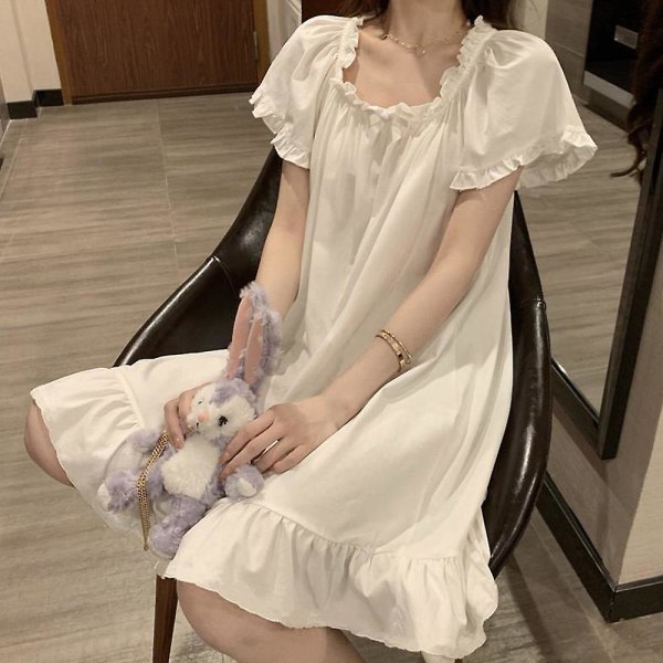 Kvinne bomullsnattkjole vintage lett kjolesett kortermet prinsesse nattkjole (XL, hvit)