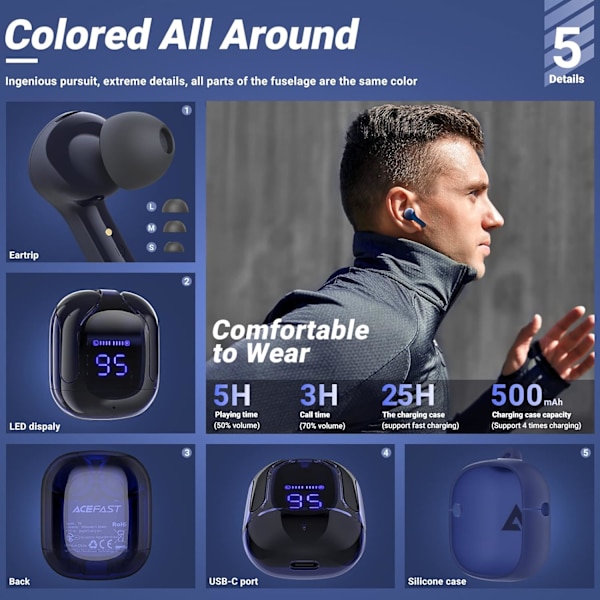 T6 Trådløse Høretelefoner, Bluetooth Ørepropper ENC Støjreducerende Gennemsigtige In-Ear Høretelefoner, Hvid