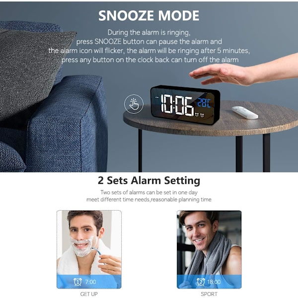 Digital vækkeur med stor LED-temperaturvisning, bærbar spejlalarm med dobbelt alarm-snooze-port til natbord, soveværelse