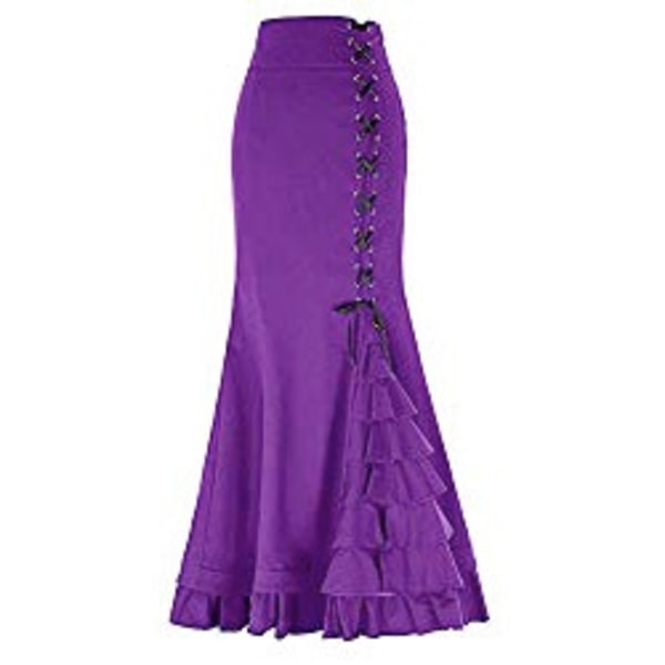 Plisserad midikjol dam gotisk punkkjol viktoriansk spetskjol Elastisk hög midja A-linje viktorianska maxikjolar lila purple L