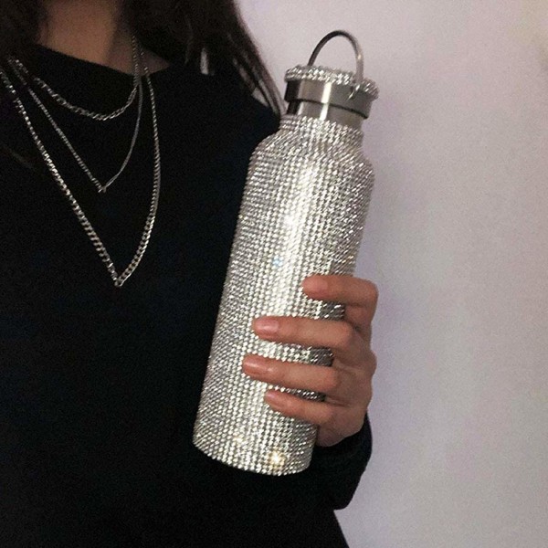 Diamant Vannflaske, Rustfritt Stål Isolerte Vannflaske, Glitter Vannflasker Påfyllbare Vannflasker for Kvinner Sølv (500ml)