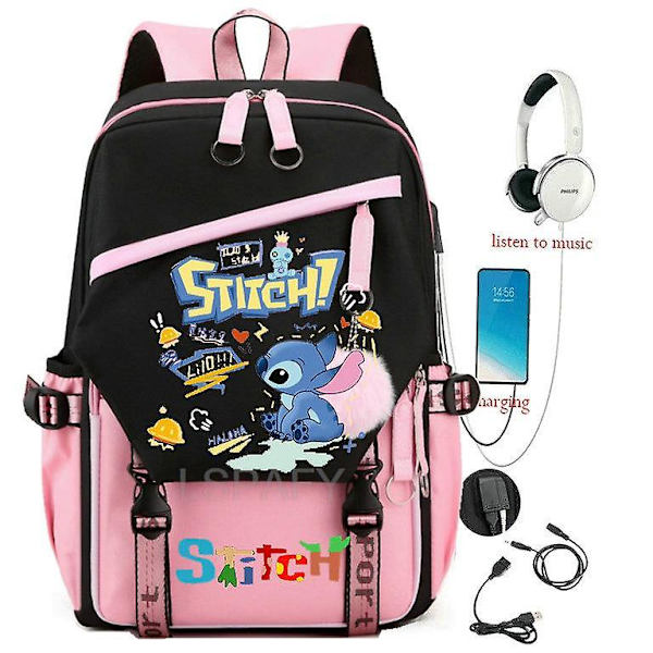 Lilo och Stitch USB-ryggsäck med stor kapacitet för tonåringar, studenter, män och kvinnor, fritidsresor, barnryggsäck