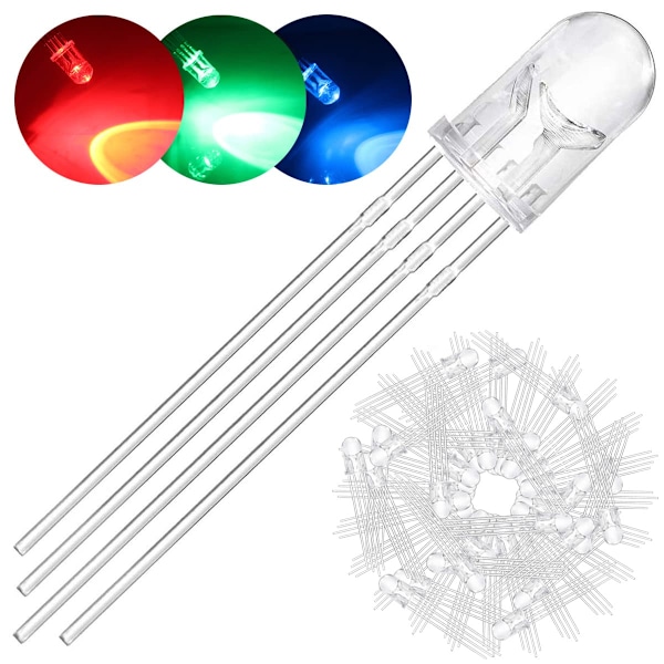 100 kpl 5 mm LEDiä yhteisellä katodilla, DC 3 V, 20 mA, RGB tri-väri (punainen/vihreä/sininen)