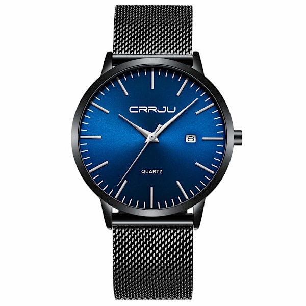 CRRJU Men's Watch Ultra Thin Waterproof Wristwatch Men Fashion with Black Stainless Steel Bracelet Mesh Analog Quartz Business Men's Watches