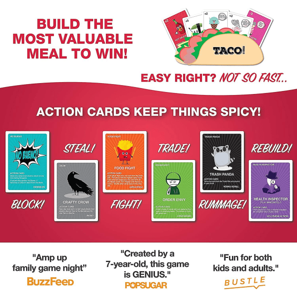 Taco Vs Burrito, luotu hurjan suosittu yllättävän strateginen korttipeli, täydellinen perheystävällinen juhlapeli lapsille, teini-ikäisille ja aikuisille