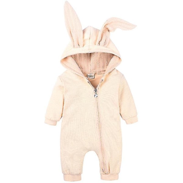 Baby Romper Kanin Bunny Ear Hooded Jumpsuit Dragkedja One Pijamas Gul 9 12 månader