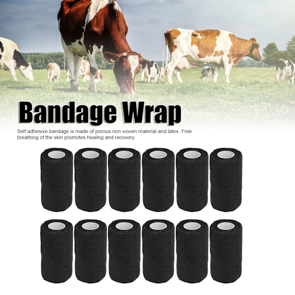 12 stk. Bandage Wrap Naturlig Latex Elastisk Selvklæbende Wrap til Køer Hunde Heste 10cm Sort_xx