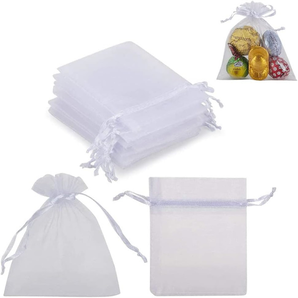 100 stk. organzaposer, 7*9 cm hvide smykkeposer, organzaposer med snøre, organza, gaveposer til bryllup, jul, fest og fest