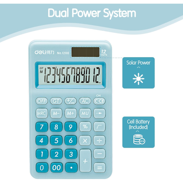 Standard Funktionell Grundläggande Kalkylator, 12-Sifferlig Skrivbordsräknare med Stor LCD-Skärm, Solcells- och Batteridriven Kontorsräknare, Blå