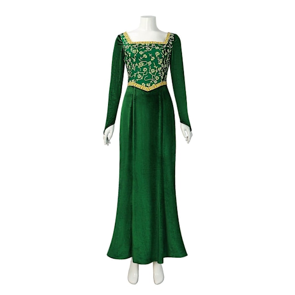 Shrek Cosplay Kostymer 2024 Prinsessan Fiona Tryckt Klänning Kvinnor Sexig Kvadratisk Hals Velvet Långärmad Klänning Halloween Karneval Kläder Grön green XL