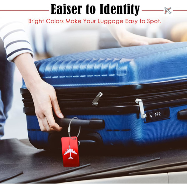 Bagagemærker til kufferter, 6-paks bagagemærker i aluminiumslegering med stålløkke til bagage-id-mærker (rød)