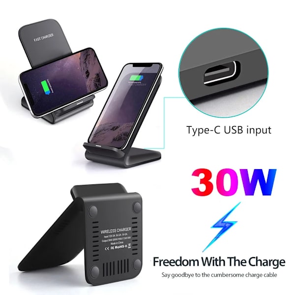 30W Snabbladdare för Trådlös Laddning för Samsung S24 S23 S22 S21 Snabbladdningsställ för iPhone 15 14 13 12 11 Pro Max XS XR X 8 Xiaomi 14 Black