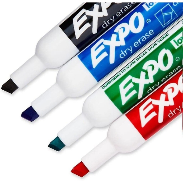 Expo Low-odor Mejsel Point Dry Erase Marker Sæt, designet til whiteboards, glas og de fleste ikke-porøse overflader, 4 farvemarkører