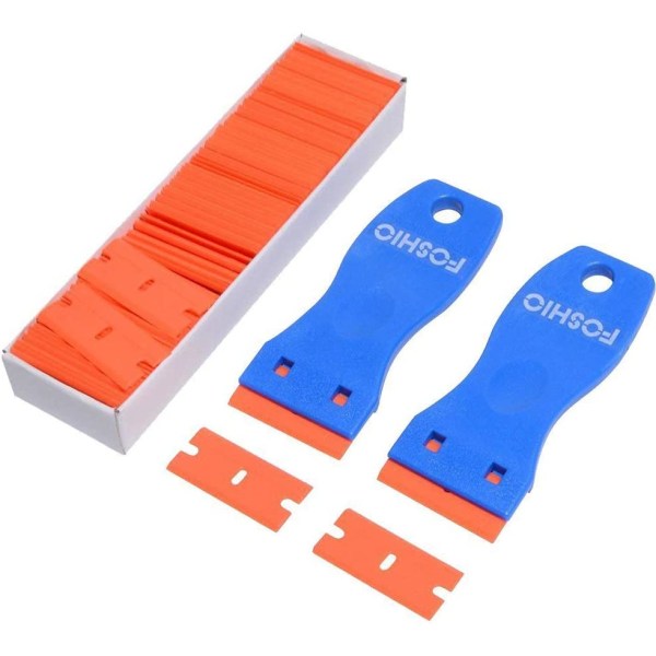 2 pieces plastic scrapers with 100 plastic blades, plastic scrapers for removing vinyl stickers, stickers, glass and windows, sticker remover blue